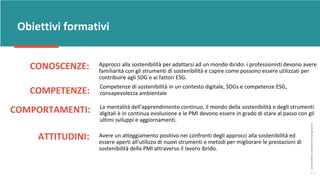 post
pandemic
empowerment
programme
CONOSCENZE:
Obiettivi formativi
COMPETENZE:
COMPORTAMENTI:
ATTITUDINI:
La mentalità dell'apprendimento continuo, il mondo della sostenibilità e degli strumenti
digitali è in continua evoluzione e le PMI devono essere in grado di stare al passo con gli
ultimi sviluppi e aggiornamenti.
Avere un atteggiamento positivo nei confronti degli approcci alla sostenibilità ed
essere aperti all'utilizzo di nuovi strumenti e metodi per migliorare le prestazioni di
sostenibilità della PMI attraverso il lavoro ibrido.
Competenze di sostenibilità in un contesto digitale, SDGs e competenze ESG,
consapevolezza ambientale
Approcci alla sostenibilità per adattarsi ad un mondo ibrido: i professionisti devono avere
familiarità con gli strumenti di sostenibilità e capire come possono essere utilizzati per
contribuire agli SDG e ai fattori ESG.
 