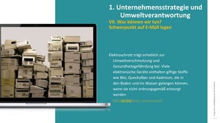 Programm
zur
Befähigung
nach
der
Pandemie
Elektroschrott trägt erheblich zur
Umweltverschmutzung und
Gesundheitsgefährdung bei. Viele
elektronische Geräte enthalten giftige Stoffe
wie Blei, Quecksilber und Kadmium, die in
den Boden und ins Wasser gelangen können,
wenn sie nicht ordnungsgemäß entsorgt
werden.
1. Unternehmensstrategie und
Umweltverantwortung
VII. Was können wir tun?
Schwerpunkt auf E-Müll legen
Mehr darüber lesen: ewastemonitor
 
