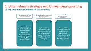 Programm
zur
Befähigung
nach
der
Pandemie
Verwenden Sie eine
Steckdosenleiste, um
mehrere Geräte
gleichzeitig
auszuschalten und
den Stromverbrauch
im Standby-Modus
zu reduzieren.
Verwenden Sie
umweltfreundliche
Reinigungsmittel, um
die Auswirkungen
auf die Umwelt und
Ihre Gesundheit zu
verringern.
Verwenden Sie
wiederverwendbare
Produkte wie
Kaffeebecher,
Wasserflaschen und
Stoffservietten, um
Abfall zu vermeiden.
5. Verwenden Sie eine
Steckdosenleiste
7. Verwenden Sie
wiederverwendbare
Produkte
6. Verwenden Sie eine grüne
Reinigungsmittel
1. Unternehmensstrategie und Umweltverantwortung
IX. Top 10 Tipps für umweltfreundlichere Heimbüros
 