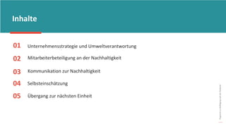 Programm
zur
Befähigung
nach
der
Pandemie
01 Unternehmensstrategie und Umweltverantwortung
02 Mitarbeiterbeteiligung an der Nachhaltigkeit
03 Kommunikation zur Nachhaltigkeit
04 Selbsteinschätzung
05 Übergang zur nächsten Einheit
Inhalte
 