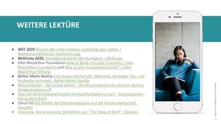 Programm
zur
Befähigung
nach
der
Pandemie
● WEF 2020 Warum alle Unternehmen nachhaltig sein sollten |
Weltwirtschaftsforum (weforum.org)
● McKinsey 2020, Betriebsorientierte Nachhaltigkeit | McKinsey
● Ellen MacArthur Foundation How to Build a Circular Economy | Ellen
MacArthur Foundation und Was ist eine Kreislaufwirtschaft? | Ellen
MacArthur Stiftung
● Better Meets Reality Eine lineare Wirtschaft: Definition, Beispiele, Vor- und
Nachteile und mehr - Better Meets Reality
● Wissenskarten - das Grüne Gehirn - Die Wissenskarten des Grünen Gehirns
(hetgroenebrein.nl)
● Was hat die Kreislaufwirtschaft mit Nachhaltigkeit zu tun? - Kenniskaarten -
het Groene Brein
● Cloud VO Die flexible Büroflächenindustrie und die Kreislaufwirtschaft -
CloudVO
● Interview: Annie Leonard, Schöpferin von "The Story of Stuff" | Reuters
WEITERE LEKTÜRE
 