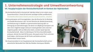Programm
zur
Befähigung
nach
der
Pandemie
Die Kreislaufwirtschaft im Kontext der hybriden Arbeit ist ein relativ neuer
Zusammenschluss. Cloud VO hat einen wichtigen Artikel veröffentlicht:
The Flexible Office Space Industry and the Circular Economy - CloudVO.
Interessanterweise wird hervorgehoben, dass die Branche für Co-Working
und flexible Büroräume in der Tat eine Branche der Wiederverwendung
und Reduzierung ist. Modelle zur gemeinsamen Nutzung oder zur
Erbringung von Dienstleistungen, bei denen ein Objekt gut konzipiert und
über einen möglichst langen Zeitraum instand gehalten wird und einer
möglichst großen Zahl von Menschen dient, sind der Sweet Spot der
Kreislaufwirtschaft. Wenn Co-Working als Teil Ihres Geschäftsmodells
einbauen, können Sie statt 50 Personen, die jeweils einen Tisch und einen
Stuhl haben, 150 Personen die 50 Tische und Stühle auf einer
Rotationsbasis nutzen lassen.
Die Zusammenarbeit ist ein Hauptelement der Kreislaufwirtschaft und ein
wesentlicher Bestandteil der DNA des flexiblen Workspace-Modells.
1. Unternehmensstrategie und Umweltverantwortung
VII. Hauptprinzipien der Kreislaufwirtschaft im Kontext der Hybridarbeit
 
