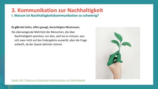 Programm
zur
Befähigung
nach
der
Pandemie
Es gibt ein tiefes, offen gesagt, berechtigtes Misstrauen.
Die überwiegende Mehrheit der Menschen, die über
Nachhaltigkeit sprechen, tun dies, weil sie es müssen, was
sich zwar nicht auf das Endergebnis auswirkt, aber die Frage
aufwirft, ob der Zweck dahinter stimmt.
3. Kommunikation zur Nachhaltigkeit
I. Warum ist Nachhaltigkeitskommunikation so schwierig?
Quelle: Die 7 Wege zur erfolgreichen Kommunikation von Nachhaltigkeit
 