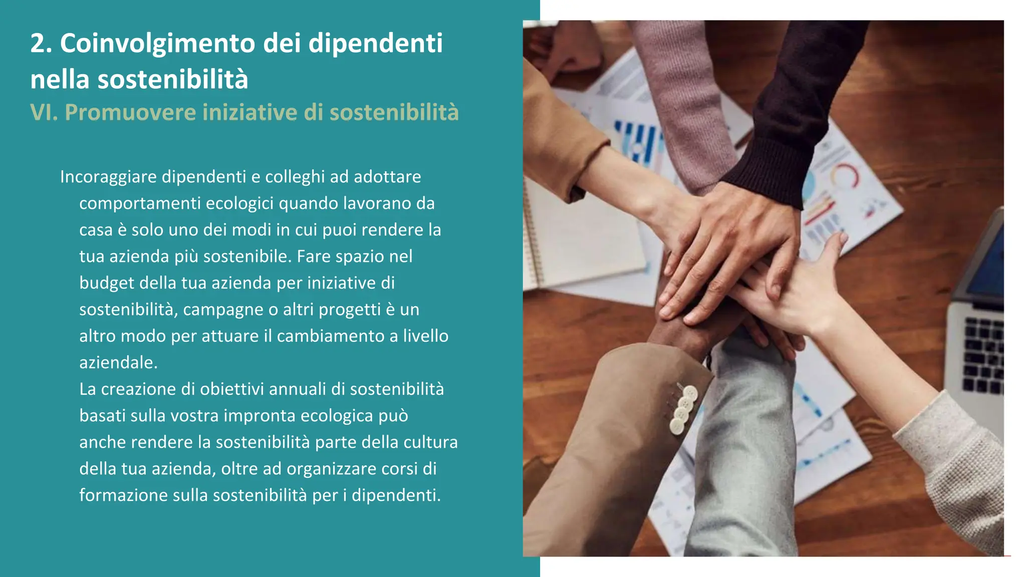 post
pandemic
empowerment
programme
Incoraggiare dipendenti e colleghi ad adottare
comportamenti ecologici quando lavorano da
casa è solo uno dei modi in cui puoi rendere la
tua azienda più sostenibile. Fare spazio nel
budget della tua azienda per iniziative di
sostenibilità, campagne o altri progetti è un
altro modo per attuare il cambiamento a livello
aziendale.
La creazione di obiettivi annuali di sostenibilità
basati sulla vostra impronta ecologica può
anche rendere la sostenibilità parte della cultura
della tua azienda, oltre ad organizzare corsi di
formazione sulla sostenibilità per i dipendenti.
2. Coinvolgimento dei dipendenti
nella sostenibilità
VI. Promuovere iniziative di sostenibilità
 