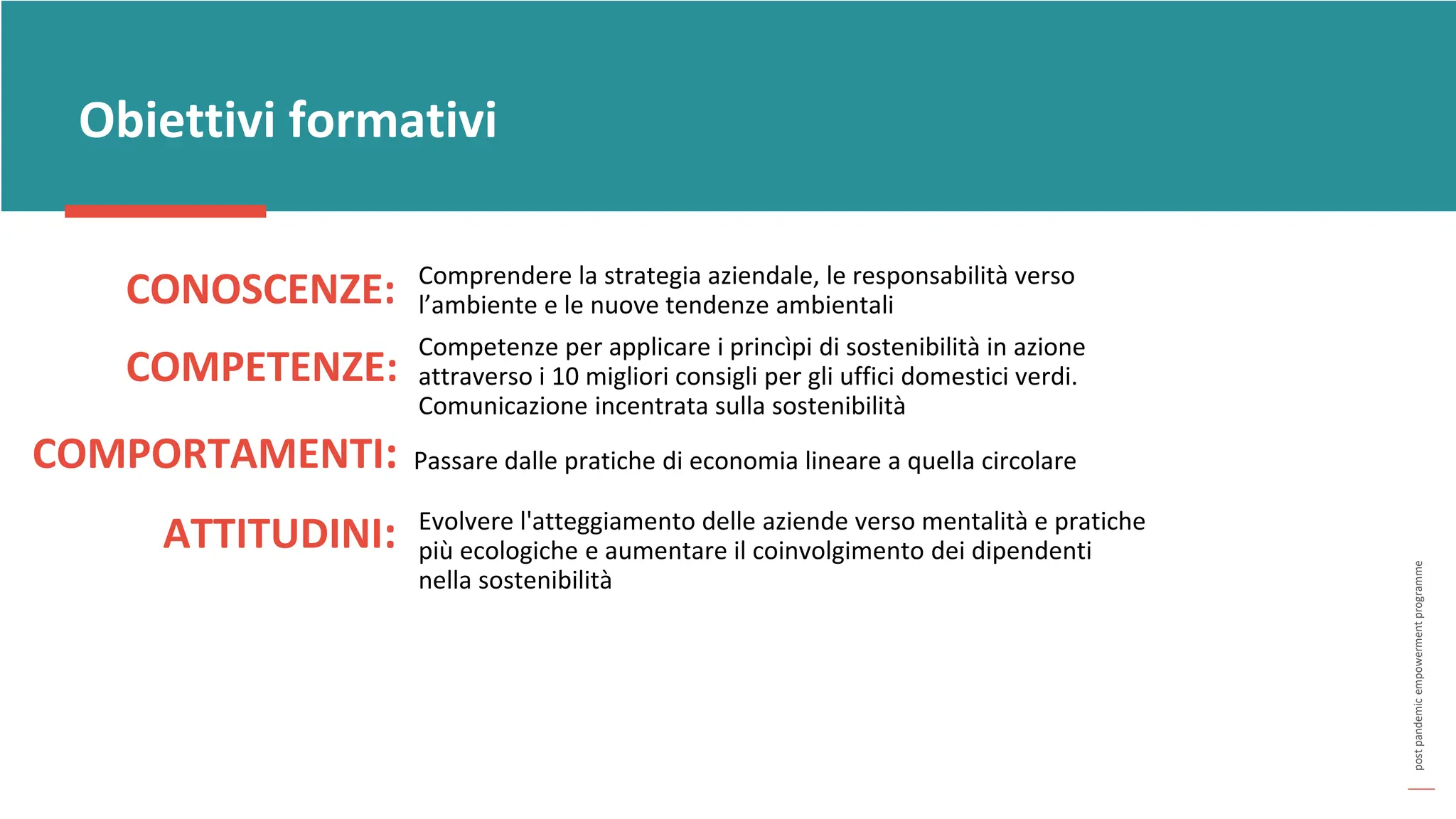 post
pandemic
empowerment
programme
CONOSCENZE:
Obiettivi formativi
COMPETENZE:
COMPORTAMENTI:
ATTITUDINI:
Passare dalle pratiche di economia lineare a quella circolare
Evolvere l'atteggiamento delle aziende verso mentalità e pratiche
più ecologiche e aumentare il coinvolgimento dei dipendenti
nella sostenibilità
Competenze per applicare i princìpi di sostenibilità in azione
attraverso i 10 migliori consigli per gli uffici domestici verdi.
Comunicazione incentrata sulla sostenibilità
Comprendere la strategia aziendale, le responsabilità verso
l’ambiente e le nuove tendenze ambientali
 