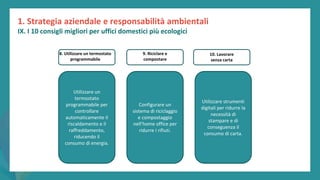 post
pandemic
empowerment
programme
Utilizzare un
termostato
programmabile per
controllare
automaticamente il
riscaldamento e il
raffreddamento,
riducendo il
consumo di energia.
Configurare un
sistema di riciclaggio
e compostaggio
nell’home office per
ridurre i rifiuti.
Utilizzare strumenti
digitali per ridurre la
necessità di
stampare e di
conseguenza il
consumo di carta.
8. Utilizzare un termostato
programmabile
10. Lavorare
senza carta
9. Riciclare e
compostare
1. Strategia aziendale e responsabilità ambientali
IX. I 10 consigli migliori per uffici domestici più ecologici
 