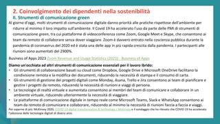 post
pandemic
empowerment
programme
Al giorno d'oggi, molti strumenti di comunicazione digitale danno priorità alle pratiche rispettose dell'ambiente per
ridurre al minimo il loro impatto sull'ambiente. Il Covid 19 ha accelerato l'uso da parte delle PMI di strumenti di
comunicazione green, tra cui piattaforme di videoconferenza come Zoom, Google Meet e Skype, che consentono ai
team da remoto di collaborare senza dover viaggiare. Zoom è davvero entrato nella coscienza pubblica durante la
pandemia di coronavirus del 2020 ed è stata una delle app in più rapida crescita dalla pandemia. I partecipanti alle
riunioni sono aumentati del 2900%.
Business of Apps 2023 Zoom Revenue and Usage Statistics (2023) - Business of Apps
Diamo un'occhiata ad altri strumenti di comunicazione essenziali per il lavoro ibrido:
• Gli strumenti di collaborazione basati su cloud come Dropbox, Google Drive e Microsoft OneDrive facilitano la
condivisione remota e la modifica dei documenti, riducendo la necessità di stampa e il consumo di carta.
• Gli strumenti di gestione dei progetti digitali come Monday, Asana, Trello e Jira consentono ai team di pianificare e
gestire i progetti da remoto, riducendo la necessità di riunioni e viaggi di persona.
• Le tecnologie di realtà virtuale e aumentata consentono ai membri del team di comunicare e collaborare in un
ambiente virtuale, riducendo ulteriormente la necessità di viaggiare.
• Le piattaforme di comunicazione digitale in tempo reale come Microsoft Teams, Slack e WhatsApp consentono ai
team da remoto di comunicare e collaborare, riducendo al minimo la necessità di riunioni faccia a faccia e viaggi.
Per saperne di più: McKinsey 2020, COVID-19 digital transformation & technology | McKinsey e il sondaggio che ha rilevato che COVID-19 ha accelerato
l'adozione delle tecnologie digitali di diversi anni.
2. Coinvolgimento dei dipendenti nella sostenibilità
II. Strumenti di comunicazione green
 