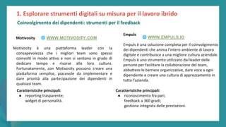 post
pandemic
empowerment
programme
Motivosity
Motivosity è una piattaforma leader con la
consapevolezza che i migliori team sono spesso
coinvolti in modo attivo e non si sentono in grado di
dedicare tempo e risorse alla loro cultura.
Fortunatamente, con Motivosity possono creare una
piattaforma semplice, piacevole da implementare e
dare priorità alla partecipazione dei dipendenti in
qualsiasi team.
Empuls
Empuls è una soluzione completa per il coinvolgimento
dei dipendenti che anima l'intero ambiente di lavoro
digitale e contribuisce a una migliore cultura aziendale.
Empuls è uno strumento utilizzato dai leader delle
persone per facilitare la collaborazione del team,
abbattere le barriere organizzative, dare voce a ogni
dipendente e creare una cultura di apprezzamento in
tutta l'azienda.
Caratteristiche principali:
● reporting trasparente;
widget di personalità.
Caratteristiche principali:
● riconoscimento fra pari;
feedback a 360 gradi;
gestione integrata delle prestazioni.
1. Esplorare strumenti digitali su misura per il lavoro ibrido
🌐 WWW.MOTIVOSITY.COM 🌐 WWW.EMPULS.IO
Coinvolgimento dei dipendenti: strumenti per il feedback
 