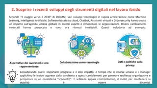 post
pandemic
empowerment
programme
2. Scoprire i recenti sviluppi degli strumenti digitali nel lavoro ibrido
Secondo "Il viaggio verso il 2030" di Deloitte, vari sviluppi tecnologici in rapida accelerazione come Machine
Learning, Intelligenza Artificiale, Software basato su cloud, Chatbot, Assistenti virtuali e Cybersecurity hanno avuto
un impatto sull'agenda umana globale in diversi aspetti e rimodellato le organizzazioni. Diversi cambiamenti
innescati hanno provocato e sono ora ritenuti inevitabili. Questi includono ad esempio:
Collaborazione uomo-tecnologia
Aspettative dei lavoratori e loro
rappresentanze
Dati e politiche sulla
privacy
Considerando questi importanti progressi e il loro impatto, è tempo che le risorse umane e i manager
applichino le lezioni apprese dalla pandemia a questi cambiamenti per generare resilienza organizzativa e
prosperare in un ecosistema “sconvolto”. E sebbene appaia controintuitivo, il modo per mantenere la
stabilità è essere dinamici.
 