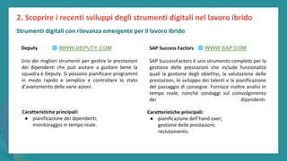 post
pandemic
empowerment
programme
Deputy
Uno dei migliori strumenti per gestire le prestazioni
dei dipendenti che può aiutare a guidare bene la
squadra è Deputy. Si possono pianificare programmi
in modo rapido e semplice e controllare lo stato
d’avanzmento delle varie azioni.
SAP Success Factors
SAP SuccessFactors è uno strumento completo per la
gestione delle prestazioni che include funzionalità
quali la gestione degli obiettivi, la valutazione delle
prestazioni, lo sviluppo dei talenti e la pianificazione
del passaggio di consegne. Fornisce inoltre analisi in
tempo reale, nonché sondaggi sul coinvolgimento
dei dipendenti.
Caratteristiche principali:
● pianificazione dei dipendenti;
monitoraggio in tempo reale.
Caratteristiche principali:
● pianificazione dell’hand over;
gestione delle prestazioni;
reclutamento.
2. Scoprire i recenti sviluppi degli strumenti digitali nel lavoro ibrido
🌐 WWW.DEPUTY.COM 🌐 WWW.SAP.COM
Strumenti digitali con rilevanza emergente per il lavoro ibrido
 
