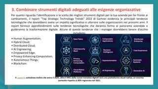 post
pandemic
empowerment
programme
3. Combinare strumenti digitali adeguati alle esigenze organizzative
Per quanto riguarda l'identificazione e la scelta dei migliori strumenti digitali per la tua azienda per far fronte ai
cambiamenti, il report "Top Strategic Technology Trends" 2022 di Gartner evidenzia le principali tendenze
tecnologiche che dovrebbero avere un impatto significativo e ulteriore sulle organizzazioni nei prossimi anni. Il
report fornisce approfondimenti sulle tendenze tecnologiche che daranno forma al panorama aziendale e
guideranno la trasformazione digitale. Alcune di queste tendenze che i manager dovrebbero tenere d'occhio
includono:
• Human Augmentation;
• Hybrid Cloud;
• Distributed Cloud;
• AI Engineering;
• Empowered Edge;
• Privacy-Enhancing Computation;
• Autonomous Things;
• Blockchain.
Il rapporto sottolinea inoltre che entro il 2025, oltre il 95% delle nuove iniziative digitali avrà una piattaforma cloud-native, un enorme
aumento rispetto al 40% registrato nel 2021.
Data Fabric
Cybersecurity
Mesh
Privacy-
Enhancing
Computation
Cloud-Native
Platforms
Composable
Applications
Decision
Intelligence
Hyperautomation
AI Engineering
Distributed
Enterprise
Total Experience
Automatic
Systems
Generative AI
 