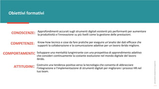 post
pandemic
empowerment
programme
CONOSCENZE:
Obiettivi formativi
COMPETENZE:
Sviluppare una mentalità lungimirante con una prospettiva di apprendimento adattivo
che consideri continuamente la costante evoluzione nel mondo digitale del lavoro
ibrido.
ATTITUDINI: Costruire una tendenza positiva verso la tecnologia che consenta di abbracciare
l'integrazione e l'implementazione di strumenti digitali per migliorare i processi HR nel
tuo team.
Know-how tecnico e cose da fare pratiche per eseguire un'analisi dei dati efficace che
supporti la collaborazione e la comunicazione adattive per un lavoro ibrido migliore.
Approfondimenti accurati sugli strumenti digitali esistenti più performanti per aumentare
la produttività e l'innovazione su più livelli come la gestione delle prestazioni.
COMPORTAMENTI:
 