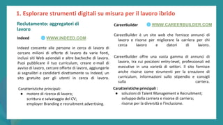 post
pandemic
empowerment
programme
Indeed
Indeed consente alle persone in cerca di lavoro di
cercare milioni di offerte di lavoro da varie fonti,
inclusi siti Web aziendali e altre bacheche di lavoro.
Puoi pubblicare il tuo curriculum, creare e-mail di
avviso di lavoro, cercare offerte di lavoro, aggiungerle
ai segnalibri e candidarti direttamente su Indeed, un
sito gratuito per gli utenti in cerca di lavoro.
CareerBuilder
CareerBuilder è un sito web che fornisce annunci di
lavoro e risorse per migliorare la carriera per chi
cerca lavoro e datori di lavoro.
CareerBuilder offre una vasta gamma di annunci di
lavoro, tra cui posizioni entry-level, professionali ed
esecutive in una varietà di settori. Il sito fornisce
anche risorse come strumenti per la creazione di
curriculum, informazioni sullo stipendio e consigli
sulla carriera.
Caratteristiche principali:
● motore di ricerca di lavoro;
scrittura e salvataggio del CV;
employer Branding e recruitment advertising.
Caratteristiche principali :
● soluzioni di Talent Management e Recruitment;
sviluppo della carriera e risorse di carriera;
risorse per la diversità e l'inclusione.
1. Esplorare strumenti digitali su misura per il lavoro ibrido
🌐 WWW.INDEED.COM
🌐 WWW.CAREERBUILDER.COM
Reclutamento: aggregatori di
lavoro
 