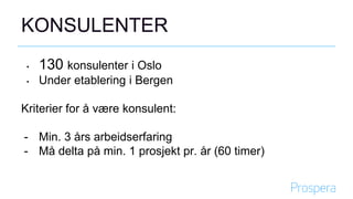 KONSULENTER
• 130 konsulenter i Oslo
• Under etablering i Bergen
Kriterier for å være konsulent:
- Min. 3 års arbeidserfaring
- Må delta på min. 1 prosjekt pr. år (60 timer)
 