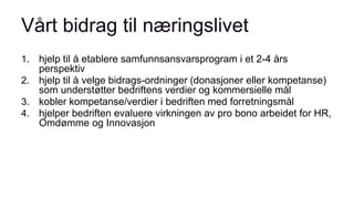 Vårt bidrag til næringslivet
1. hjelp til å etablere samfunnsansvarsprogram i et 2-4 års
perspektiv
2. hjelp til å velge bidrags-ordninger (donasjoner eller kompetanse)
som understøtter bedriftens verdier og kommersielle mål
3. kobler kompetanse/verdier i bedriften med forretningsmål
4. hjelper bedriften evaluere virkningen av pro bono arbeidet for HR,
Omdømme og Innovasjon
 