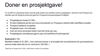 Doner en prosjektgave!
For at NPO´en skal lykkes bedre med sitt gode arbeid, kan bedrifter donere prosjektgaver. Sammen med Prospera kan
bedriften øke sitt bidrag til samfunnet gjennom Prosperas kompetansebasert frivillighet.
● Prosjektgaven koster 61 000,-
● Et team etableres på fem pro bono-konsulenter av Prosperas nettverk eller bedrifttens ansatte.
● Prospera fasiliterer prosjektet.
● Prosjektet varer i tre måneder.
● Hver pro bono-konsulent bidrar med fem timer per uke.
● Prosjektgaven skreddersys gjerne opp mot bedriftens forretningsmål.
Kost/verdi = 1:5
Bedriften betaler kr 61 000,-, men sammen leverer vi et prosjekt der konsulentenes tid og kompetanse i
samme skala reelt sett har en verdi på kr 305 000,-.*
*basert på en timepris på kr 1000,- og 60 timers innsats x 5 konsulenter
 
