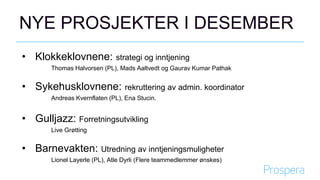 NYE PROSJEKTER I DESEMBER
• Klokkeklovnene: strategi og inntjening
Thomas Halvorsen (PL), Mads Aaltvedt og Gaurav Kumar Pathak
• Sykehusklovnene: rekruttering av admin. koordinator
Andreas Kvernflaten (PL), Ena Stucin.
• Gulljazz: Forretningsutvikling
Live Grøtting
• Barnevakten: Utredning av inntjeningsmuligheter
Lionel Layerle (PL), Atle Dyrli (Flere teammedlemmer ønskes)
 
