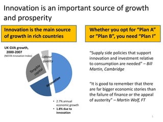 Innovation is an important source of growth
and prosperity
Innovation is the main source                             Whether you opt for “Plan A”
of growth in rich countries                               or “Plan B”, you need “Plan I”

UK GVA growth,
 2000-2007                                                “Supply side policies that support
(NESTA Innovation Index)   Labour                         innovation and investment relative
                            quality
                                                          to consumption are needed” – Bill
                                                          Martin, Cambridge


                                                          “It is good to remember that there
                                                          are far bigger economic stories than
                                                          the failure of finance or the appeal
                                      • 2.7% annual       of austerity” – Martin Wolf, FT
                                        economic growth
                                      • 1.8% due to
                                        innovation
                                                                                           1
 