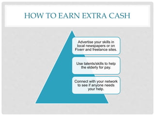 HOW TO EARN EXTRA CASH
Advertise your skills in
local newspapers or on
Fiverr and freelance sites.
Use talents/skills to help
the elderly for pay.
Connect with your network
to see if anyone needs
your help.
 