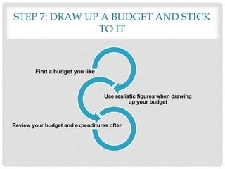 STEP 7: DRAW UP A BUDGET AND STICK
TO IT
Find a budget you like
Use realistic figures when drawing
up your budget
Review your budget and expenditures often
 