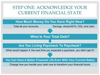 STEP ONE: ACKNOWLEDGE YOUR
CURRENT FINANCIAL STATE
You Can Have A Better Financial Life Even With Your Current Salary
Change how you handle your cash now to transform your financial future.
Are You Living Paycheck To Paycheck?
What would happen if, the next time you expected a paycheck, you didn’t get it?
What Is Your Total Debt?
How Much Money Do You Have Right Now?
Total all your accounts. Savings, stocks/401k, CDs, and cash.
 