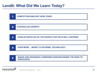 LendIt: What Did We Learn Today?
1

COMPETITION WAS NOT HERE TODAY

2

CONTROLLED GROWTH

3

EVEN AS RATES GO UP, THE SEARCH FOR YIELD WILL CONTINUE

4

EVEN MORE… MONEY, PLATFORMS, TECHNOLOGY…

5

BANKS AND INSURANCE COMPANIES NOW RECOGNIZE THE NEED TO
PARTICIPATE

PROPRIETARY & CONFIDENTIAL

.

© 2013

11

 