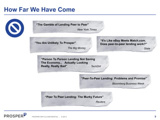 How Far We Have Come
“The Gamble of Lending Peer to Peer”
New York Times

“It's Like eBay Meets Match.com.
Does peer-to-peer lending work?”

“You Are Unlikely To Prosper”
The Big Money

Slate

“Person To Person Lending Not Saving
The Economy... Actually Looking
Really, Really Bad”
TechDirt

“Peer-To-Peer Lending: Problems and Promise”
Bloomberg Business Week

“Peer To Peer Lending: The Murky Future”
Reuters

PROPRIETARY & CONFIDENTIAL

.

© 2013

3

 