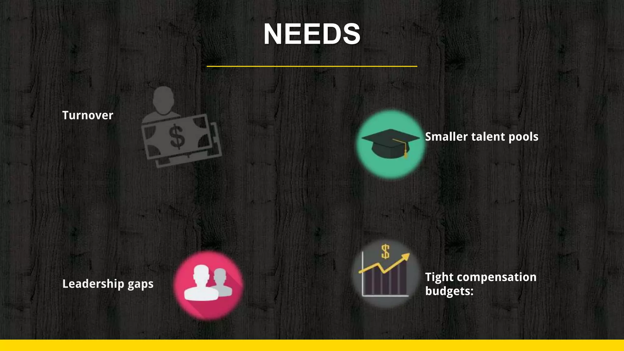 NEEDS
Turnover
Leadership gaps
Smaller talent pools
Tight compensation
budgets:
 