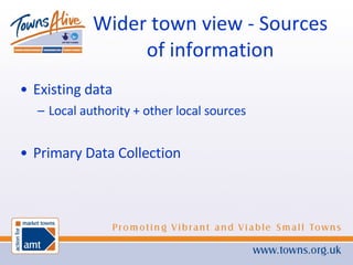 Wider town view - Sources of information Existing data Local authority + other local sources Primary Data Collection 