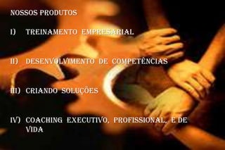 NOSSOS PRODUTOSTREINAMENTO  EMPRESARIALDESENVOLVIMENTO  DE  COMPETÊNCIASCRIANDO  SOLUÇÕESCOACHING  EXECUTIVO,  PROFISSIONAL,  E DE VIDA