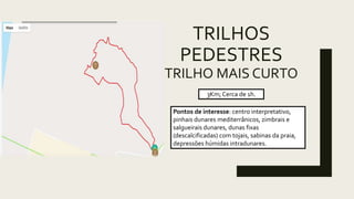 TRILHOS
PEDESTRES
TRILHO MAIS CURTO
3Km; Cerca de 1h.
Pontos de interesse: centro interpretativo,
pinhais dunares mediterrânicos, zimbrais e
salgueirais dunares, dunas fixas
(descalcificadas) com tojais, sabinas da praia,
depressões húmidas intradunares.
 