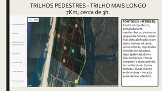 TRILHOS PEDESTRES -TRILHO MAIS LONGO
7Km; cerca de 3h.
PONTOS DE INTERESSE:
Centro interpretativo,
pinhais dunares
mediterrânicos, zimbrais e
salgueirais dunares, dunas
fixas (descalcificadas) com
tojais, sabinas da praia,
camarinheiras, depressões
húmidas intradunares,
lagos (pateiras), dunas
fixas herbáceas (“dunas
cinzentas”), dunas móveis
do cordão dunar (dunas
brancas), dunas móveis
embrionárias - vista da
praia (acesso interdito).
 