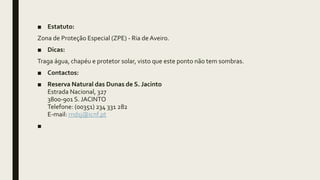 ■ Estatuto:
Zona de Proteção Especial (ZPE) - Ria de Aveiro.
■ Dicas:
Traga água, chapéu e protetor solar, visto que este ponto não tem sombras.
■ Contactos:
■ Reserva Natural das Dunas de S. Jacinto
Estrada Nacional, 327
3800-901 S. JACINTO
Telefone: (00351) 234 331 282
E-mail: rndsj@icnf.pt
■
 