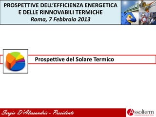 PROSPETTIVE DELL’EFFICIENZA ENERGETICA
    E DELLE RINNOVABILI TERMICHE
        Roma, 7 Febbraio 2013




               Prospettive del Solare Termico




Sergio D’Alessandris - Presidente
 