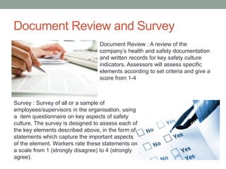 Document Review and Survey
Document Review : A review of the
company’s health and safety documentation
and written records for key safety culture
indicators. Assessors will assess specific
elements according to set criteria and give a
score from 1-4
Survey : Survey of all or a sample of
employees/supervisors in the organisation, using
a item questionnaire on key aspects of safety
culture. The survey is designed to assess each of
the key elements described above, in the form of
statements which capture the important aspects
of the element. Workers rate these statements on
a scale from 1 (strongly disagree) to 4 (strongly
agree).
 