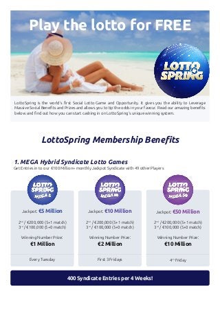 LottoSpring is the world’s first Social Lotto Game and Opportunity. It gives you the ability to Leverage
Massive Social Benefits and Prizes and allows you to tip the odds in your favour. Read our amazing benefits
below and find out how you can start cashing in on LottoSpring’s unique winning system.
Play the lotto for FREE
LottoSpring Membership Benefits
1. MEGA Hybrid Syndicate Lotto Games
Get Entries in to our €100 Million+ monthly Jackpot Syndicate with 49 other Players
400 Syndicate Entries per 4 Weeks!
Jackpot: €10 Million
2nd
/ €200,000 (5+1 match)
3rd
/ €100,000 (5+0 match)
Winning Number Prize:
€2 Million
First 3 Fridays
Jackpot: €50 Million
2nd
/ €200,000 (5+1 match)
3rd
/ €100,000 (5+0 match)
Winning Number Prize:
€10 Million
4th
Friday
Jackpot: €5 Million
2nd
/ €200,000 (5+1 match)
3rd
/ €100,000 (5+0 match)
Winning Number Prize:
€1 Million
Every Tuesday
 