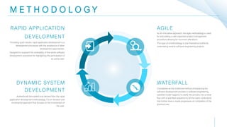 M E T H O D O L O G Y
As an innovative approach, the agile methodology is used
for articulating a well-organized project management
procedure allowing for recurrent alterations.
This type of a methodology is one theoretical outline for
undertaking several software engineering projects.
AGILE
Considered as the traditional method of explaining the
software development process in software engineering,
waterfall model happens to clarify the process into a linear
flow with a specified sequence to let the users understand
that further level is made progressive on completion of the
previous one.
WATERFALL
Providing quick results, rapid application development is a
development processes with the assistance of other
development approaches.
Designed to augment the workability of the whole software
development procedure for highlighting the participation of
an active user.
RAPID APPLICATION
DEVELOPMENT
Authentically formulated and derived from the rapid
application development methodology, it is an iterative and
incremental approach that focuses on the involvement of
the user.
DYNAMIC SYSTEM
DEVELOPMENT
 