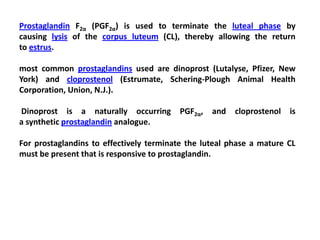 Prostaglandin F2α (PGF2α) is used to terminate the luteal phase by
causing lysis of the corpus luteum (CL), thereby allowing the return
to estrus.
most common prostaglandins used are dinoprost (Lutalyse, Pfizer, New
York) and cloprostenol (Estrumate, Schering-Plough Animal Health
Corporation, Union, N.J.).
Dinoprost is a naturally occurring PGF2α, and cloprostenol is
a synthetic prostaglandin analogue.
For prostaglandins to effectively terminate the luteal phase a mature CL
must be present that is responsive to prostaglandin.
 
