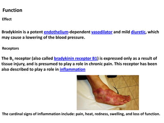 Function
Bradykinin is a potent endothelium-dependent vasodilator and mild diuretic, which
may cause a lowering of the blood pressure.
Receptors
Effect
The B1 receptor (also called bradykinin receptor B1) is expressed only as a result of
tissue injury, and is presumed to play a role in chronic pain. This receptor has been
also described to play a role in inflammation
The cardinal signs of inflammation include: pain, heat, redness, swelling, and loss of function.
 