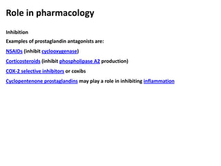 Role in pharmacology
Inhibition
Examples of prostaglandin antagonists are:
NSAIDs (inhibit cyclooxygenase)
Corticosteroids (inhibit phospholipase A2 production)
COX-2 selective inhibitors or coxibs
Cyclopentenone prostaglandins may play a role in inhibiting inflammation
 