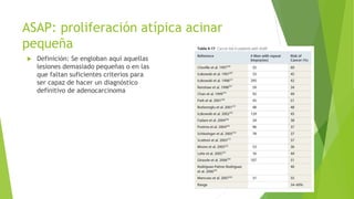 ASAP: proliferación atípica acinar
pequeña
 Definición: Se engloban aquí aquellas
lesiones demasiado pequeñas o en las
que faltan suficientes criterios para
ser capaz de hacer un diagnóstico
definitivo de adenocarcinoma
 