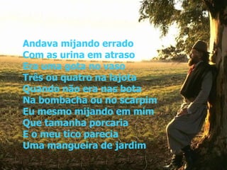 Andava mijando errado Com as urina em atraso Era uma gota no vaso Três ou quatro na lajota Quando não era nas bota Na bombacha ou no scarpim Eu mesmo mijando em mim Que tamanha porcaria E o meu tico parecia Uma mangueira de jardim 