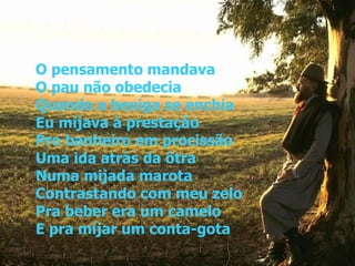 O pensamento mandava O pau não obedecia Quando a bexiga se enchia Eu mijava à prestação Pro banheiro em procissão Uma ida atrás da ôtra Numa mijada marota Contrastando com meu zelo Pra beber era um camelo E pra mijar um conta-gota 