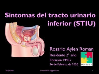 Síntomas del tracto urinario
inferior (STIU)
Rosario Aylen Roman
Residente 2° año
Rotación: PMIG
26 de Febrero de 2020
26/02/2020 romanrosario.a@gmail.com 1
 