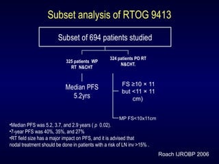 Subset analysis of RTOG 9413
•Median PFS was 5.2, 3.7, and 2.9 years ( p 0.02).
•7-year PFS was 40%, 35%, and 27%
•RT field size has a major impact on PFS, and it is advised that
nodal treatment should be done in patients with a risk of LN inv >15% .
Roach IJROBP 2006
 
