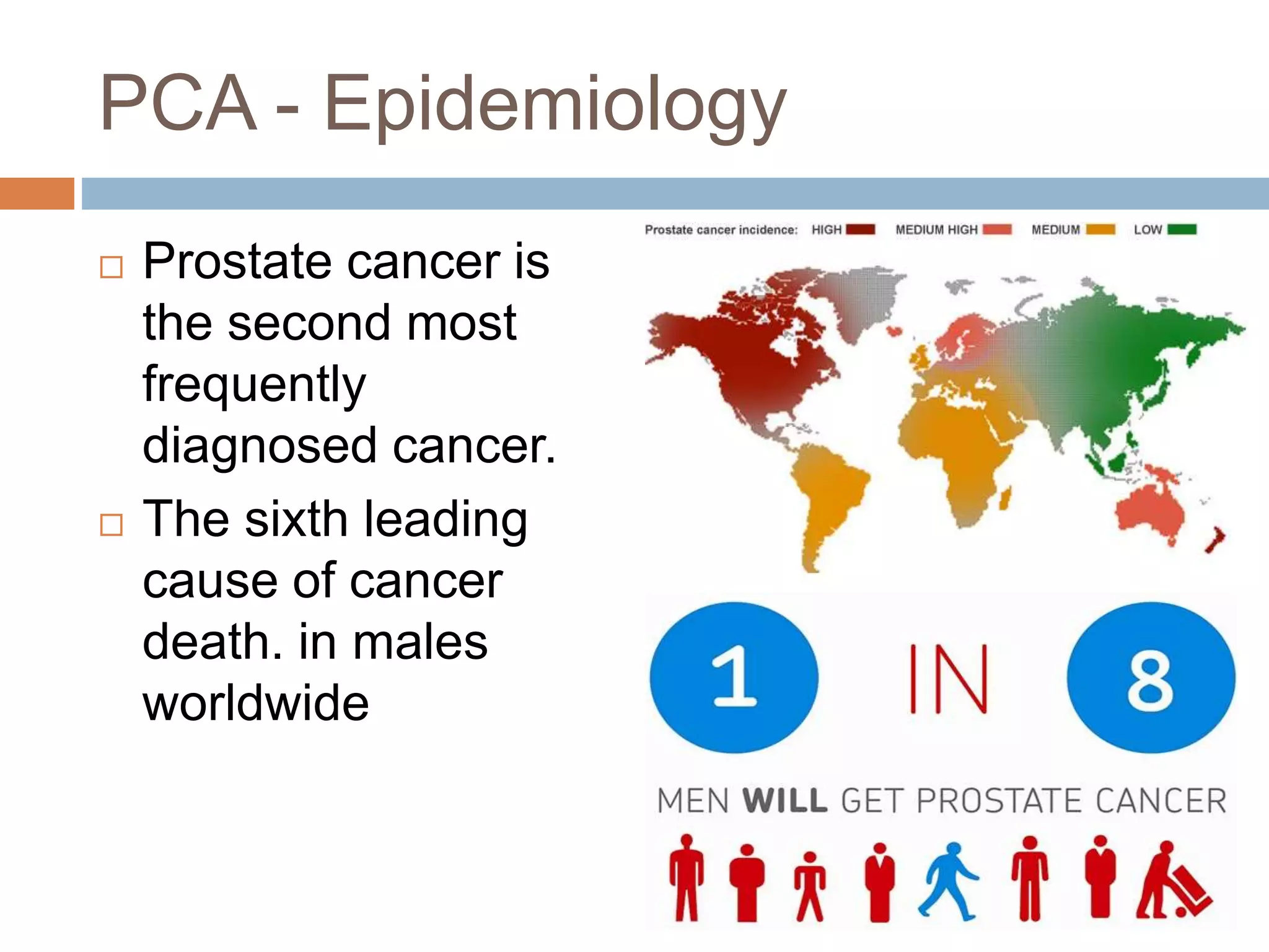 PCA - Epidemiology
 Prostate cancer is
the second most
frequently
diagnosed cancer.
 The sixth leading
cause of cancer
death. in males
worldwide
 
