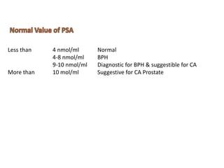 Less than 4 nmol/ml Normal
4-8 nmol/ml BPH
9-10 nmol/ml Diagnostic for BPH & suggestible for CA
More than 10 mol/ml Suggestive for CA Prostate
 
