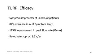 TURP: Efficacy
• Symptom improvement in 88% of patients
• 82% decrease in AUA Symptom Score
• 125% improvement in peak flow rate (Qmax)
• Re-op rate approx. 1.5%/yr
32
Jepsen JV et al. Urology. 1998;51(suppl 4A):23-31.
 