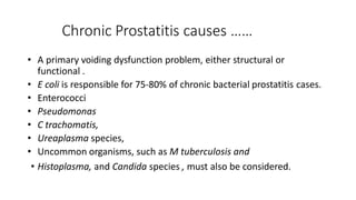 Chronic Prostatitis causes ……
• A primary voiding dysfunction problem, either structural or
functional .
• E coli is responsible for 75-80% of chronic bacterial prostatitis cases.
• Enterococci
• Pseudomonas
• C trachomatis,
• Ureaplasma species,
• Uncommon organisms, such as M tuberculosis and
• Histoplasma, and Candida species , must also be considered.
 