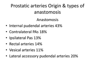 Anastomosis
• Internal pudendal arteries 43%
• Contralateral PAs 18%
• Ipsilateral Pas 13%
• Rectal arteries 14%
• Vesical arteries 11%
• Lateral accessory pudendal arteries 20%
Prostatic arteries Origin & types of
anastomosis